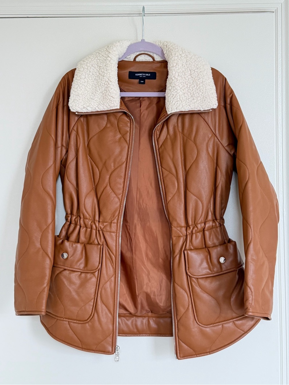 Kenneth Cole Quilted Tan Faux-Leather Jacket with Cream Sherpa Collar